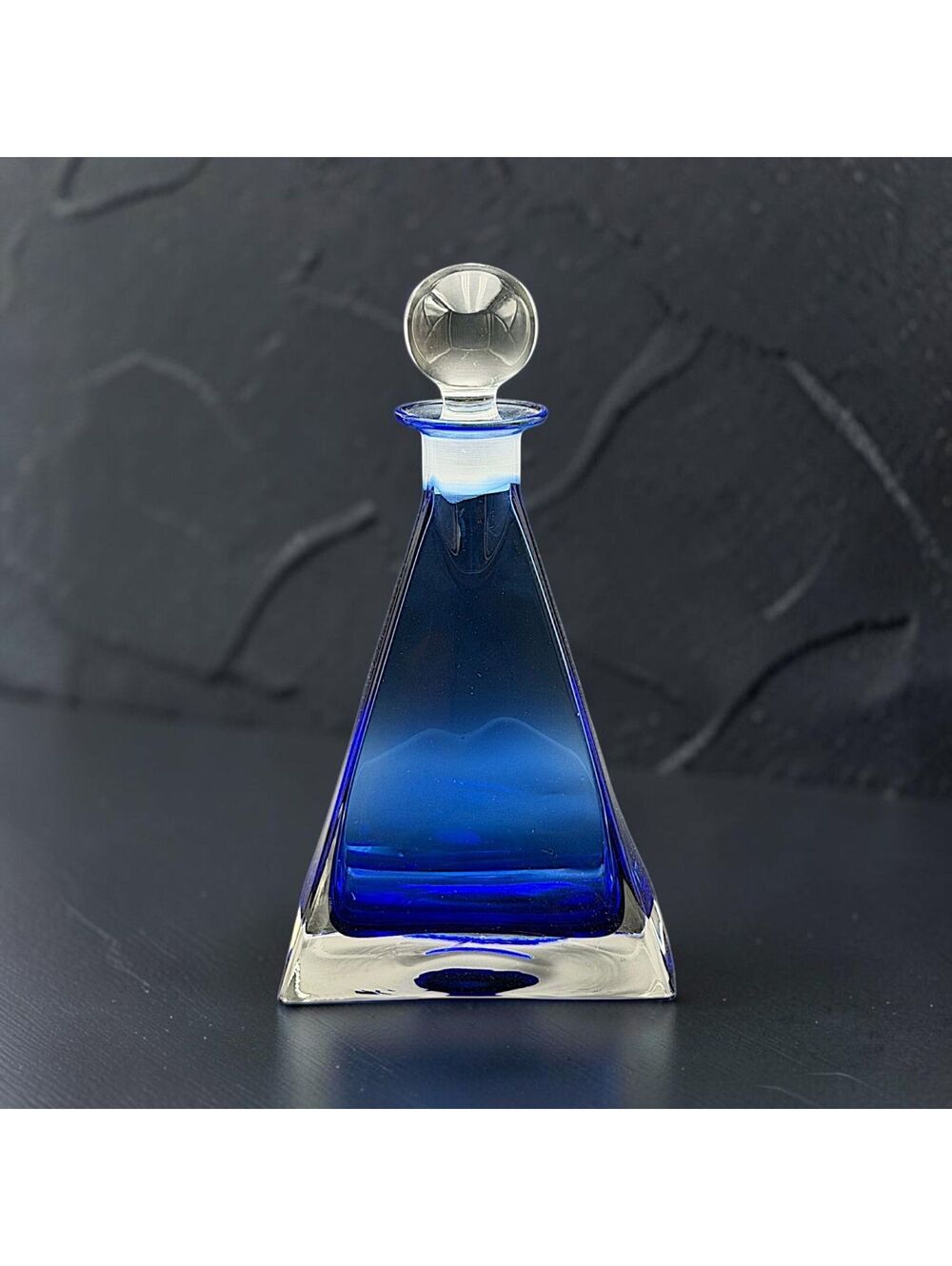 Vtg Cobalt Blue Art Glass Decanter Clear Ball Stopper Triangular Bottle 10.5"